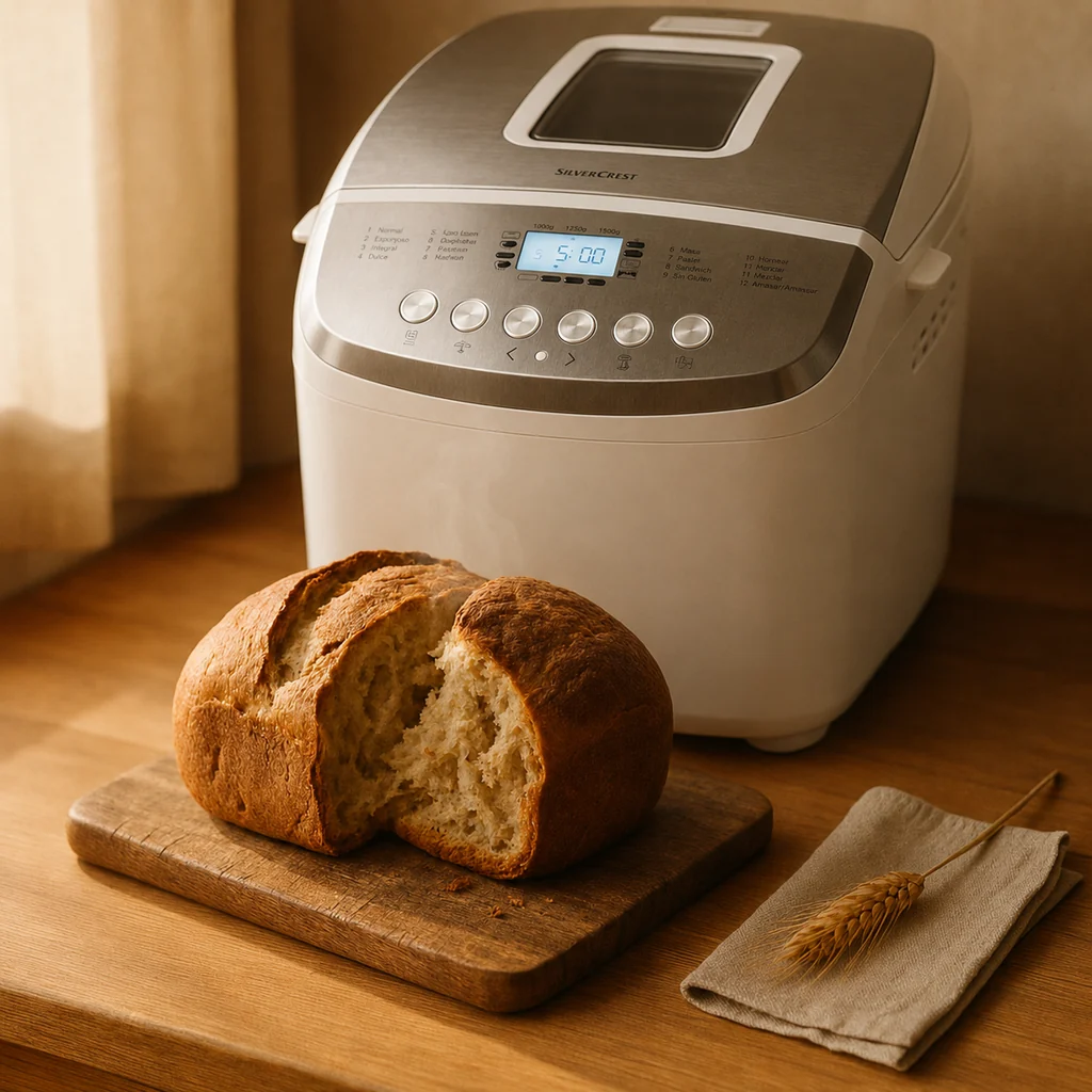 Vers brood naast een crèmekleurige broodbakmachine